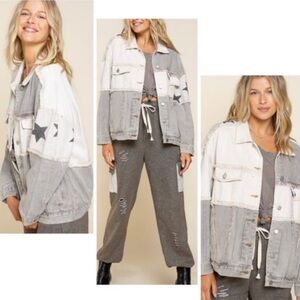 POL Two-Tone Patchwork Star Denim Jean Jacket - Cream & Gray S